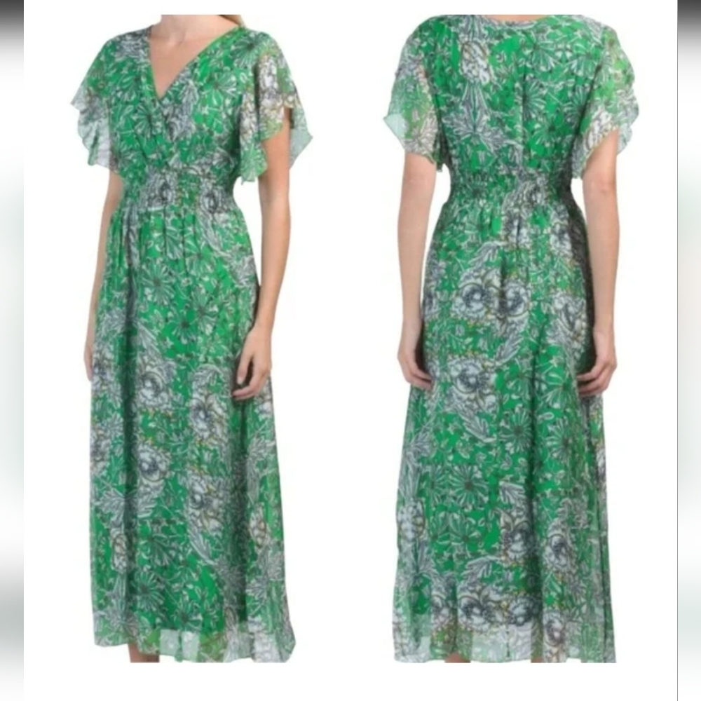 S Runs Large Le Ragazze Dress Floral Light Airy Green White Yellow Maxi Gown